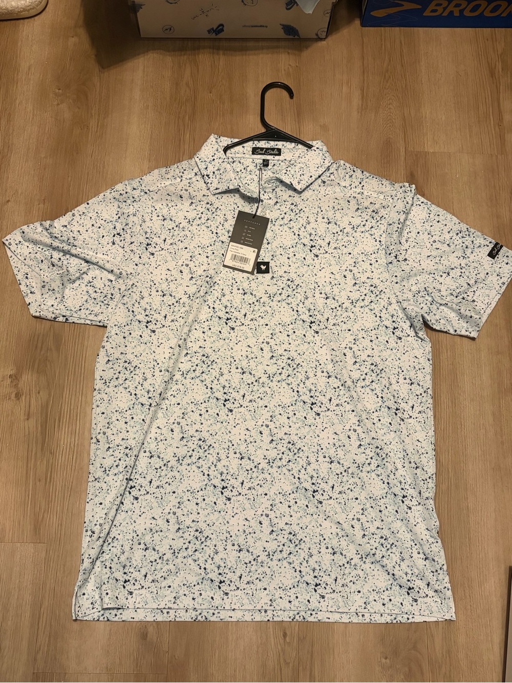 Bad Birdie White Polo with Blue Speckle Print